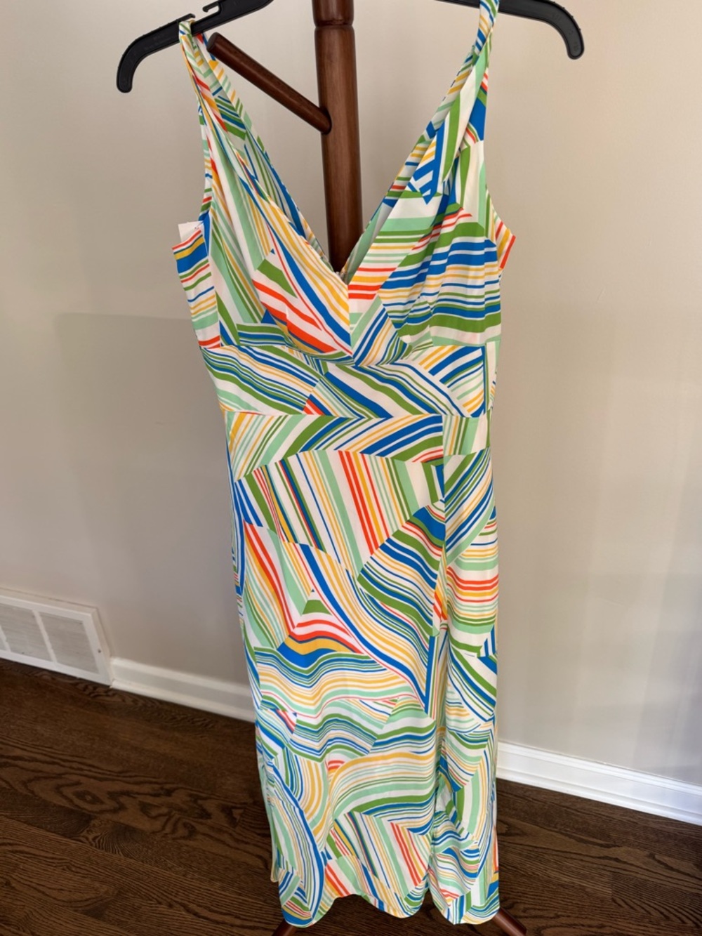 NWOT Maggy London Multicolor Striped V-Neck Dress with Rainbow Stripes